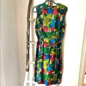 Mardi Gras Vintage 1950s 60s Vibrant Abstract Floral Midi Silk Dress Large